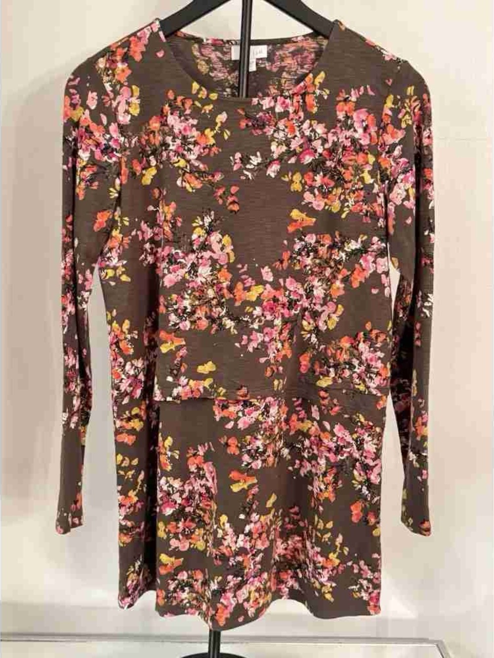 Women's Floral Long Sleeve Tunic Top - Brown with Pink & Orange Blossoms
